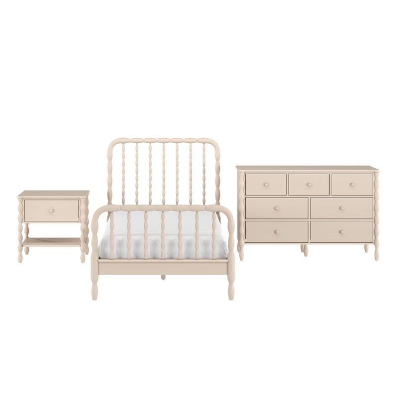 Cream spindle bed with matching beige wooden dresser and nightstand on white background, classic farmhouse bedroom furniture set