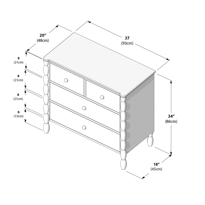 Dresser dimensions diagram: isometric line drawing of a wooden 5-drawer chest of drawers with turned spindle legs, two small top drawers and three larger drawers, labeled 37″ (93 cm) wide × 20″ (48 cm) top depth × 34″ (86 cm) high × 18″ (45 cm) depth.