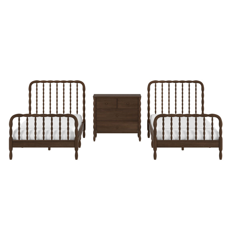 Wooden twin spindle beds with white bedding and matching dark wood three-drawer nightstand, traditional farmhouse bedroom set