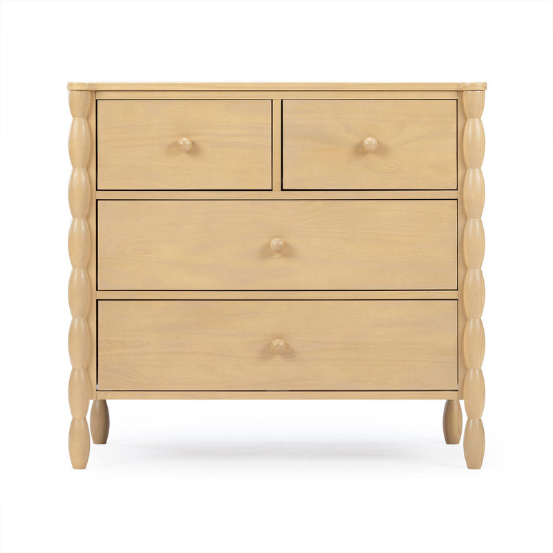 Light maple dresser with four drawers, round wooden knobs and turned spindle legs, natural finish bedroom storage chest
