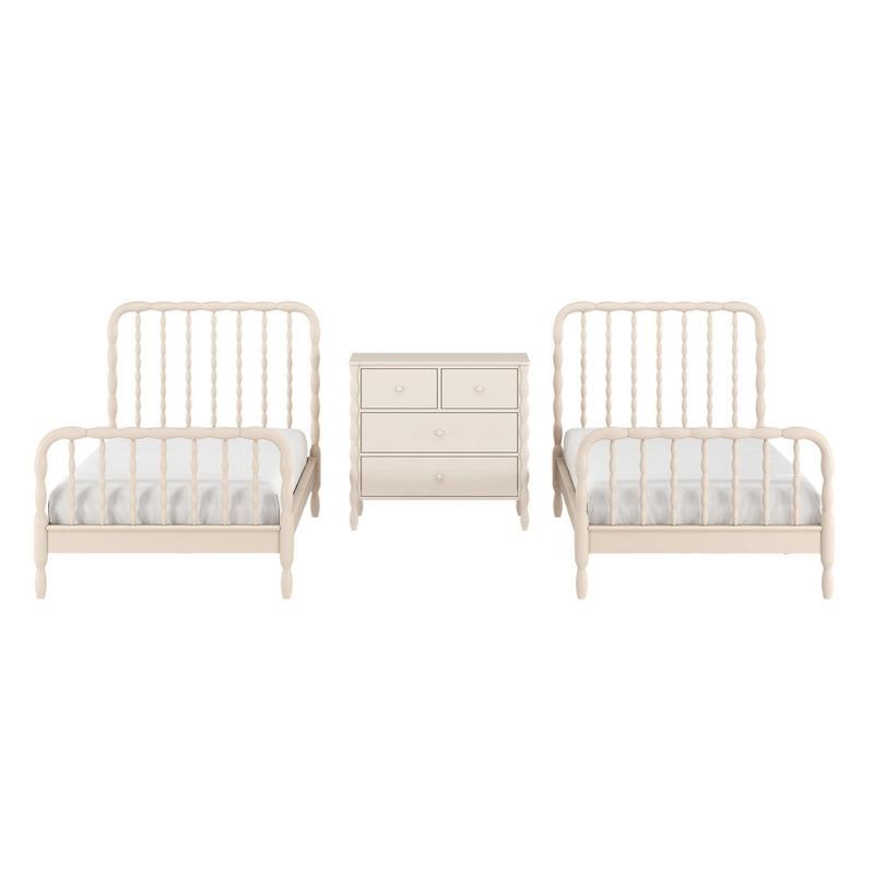 Light cream wooden twin beds with spindle headboards and matching three-drawer beige nightstand, children's bedroom set on white background