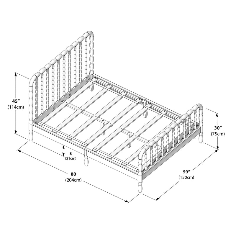 Assembly diagram of a wooden spindle bed frame with slatted mattress support and turned legs, dimensions 80″ x 59″ (204 × 150 cm), headboard 45″ (114 cm), footboard 30″ (75 cm)