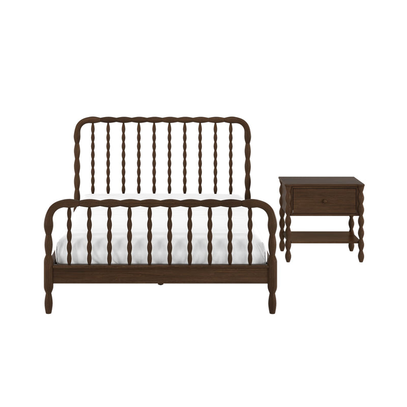 Dark walnut spindle wooden bed frame with white bedding and matching solid wood nightstand, farmhouse style