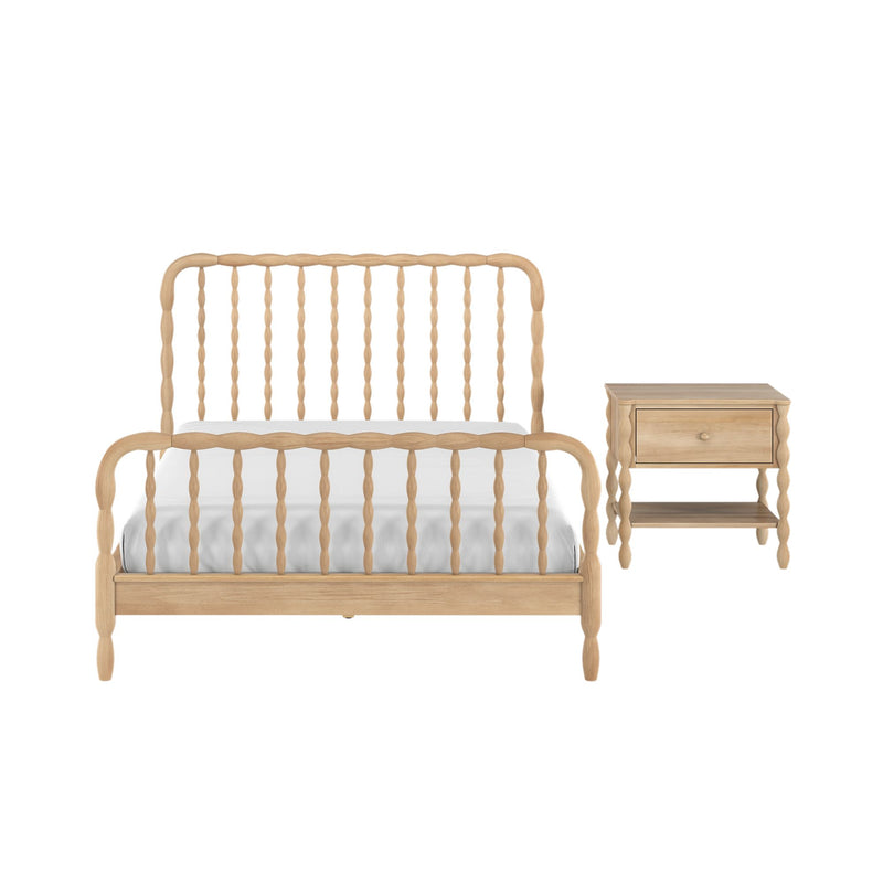 Light oak spindle bed frame with white bedding and matching bedside table nightstand — natural wood farmhouse bedroom furniture