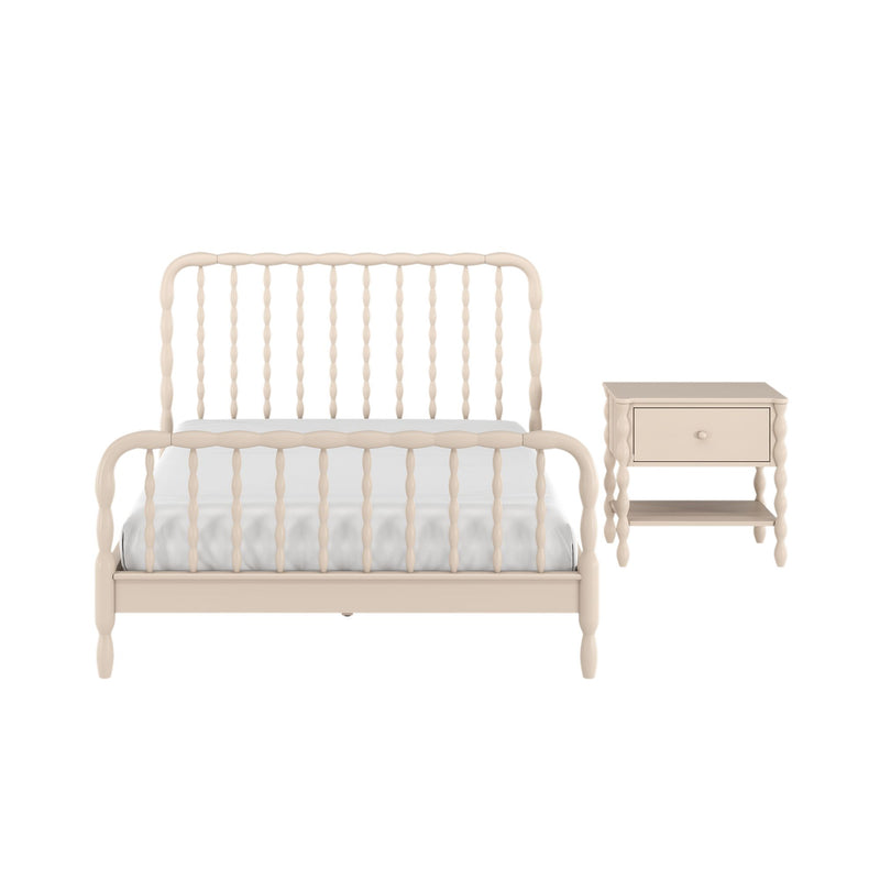 Beige spindle bed frame with white bedding and matching bedside nightstand on white background – modern farmhouse bedroom furniture