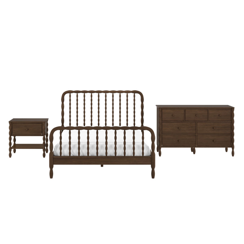 Dark walnut spindle bed with white bedding, matching wooden dresser and nightstand — solid wood farmhouse bedroom set