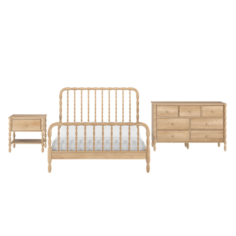 Solid wood bedroom set in natural oak finish with spindle headboard, matching nightstand and multi-drawer dresser farmhouse style