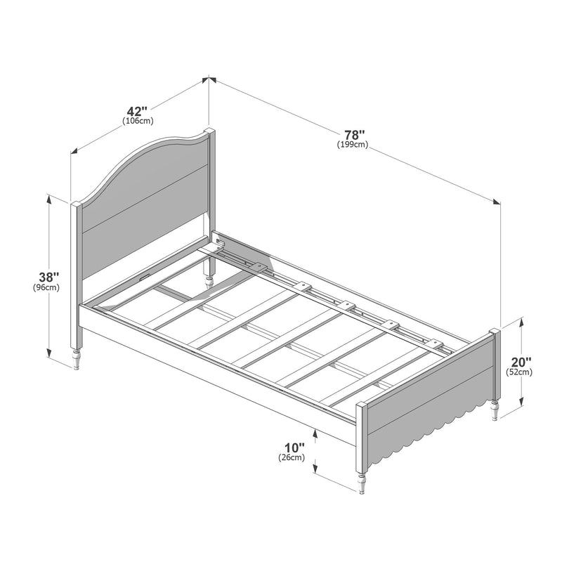 Technical assembly diagram of a twin wooden slatted bed frame with headboard and scalloped footboard, labeled dimensions: 78" (199 cm) length, 42" (106 cm) width, 38" (96 cm) headboard height, 20" (52 cm) footboard height, and 10" (26 cm) under-bed clearance.