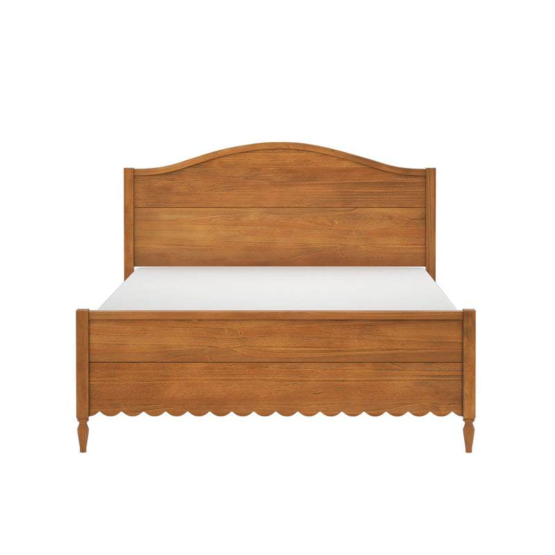Solid wood bed frame with arched headboard and scalloped footboard in natural finish, turned legs
