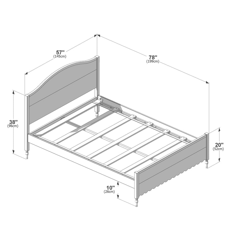Assembly diagram of wooden bed frame with curved headboard, slatted base and turned legs, dimensions 78″ (199cm) × 57″ (145cm) × 38″ (96cm)