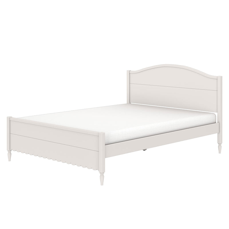 White wooden bed frame with curved headboard, scalloped footboard and turned legs, platform-style mattress support, farmhouse bedroom furniture