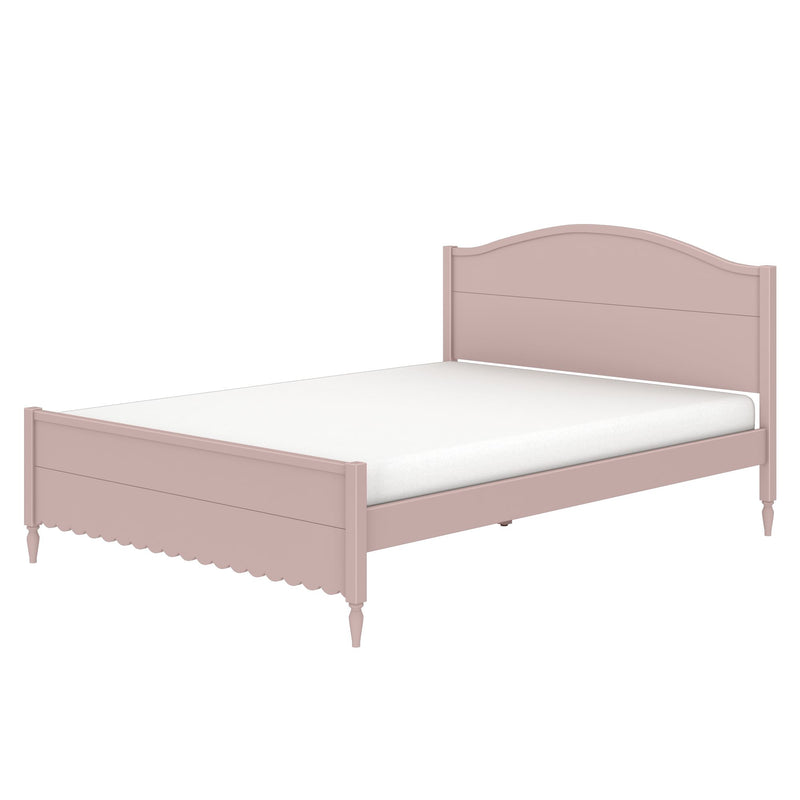 Pastel pink twin wooden bed frame with arched headboard, scalloped footboard, turned legs and white mattress, children's bedroom furniture