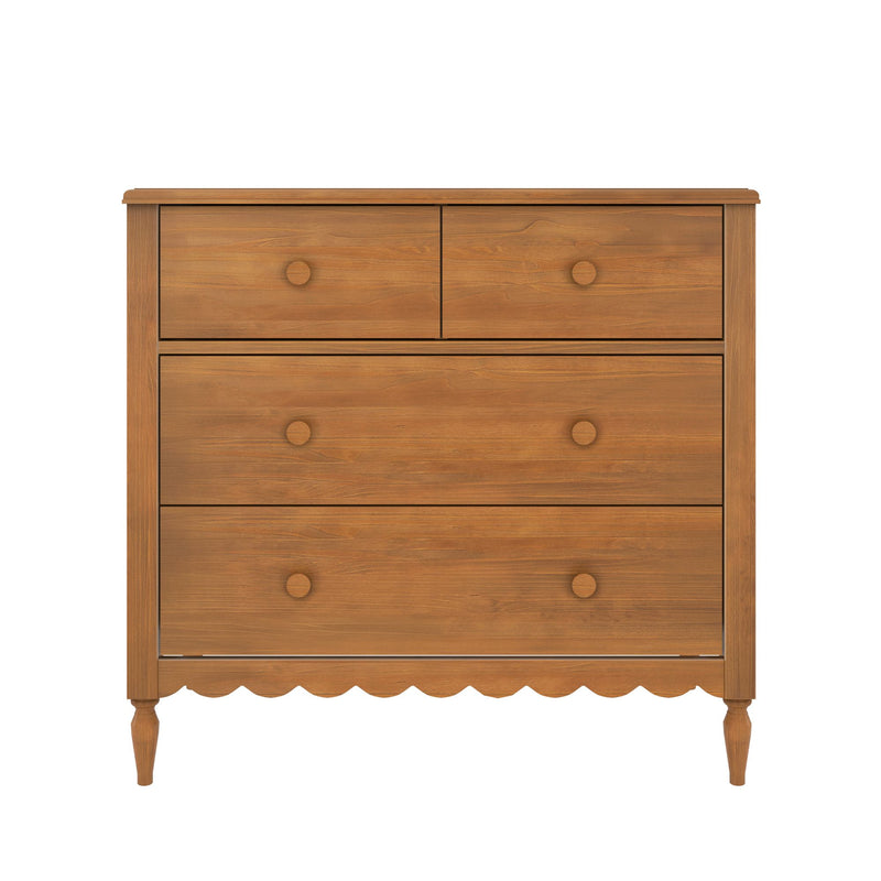 Honey oak 4-drawer wooden dresser with two small top drawers, two large bottom drawers, turned legs and scalloped apron — rustic farmhouse bedroom storage chest