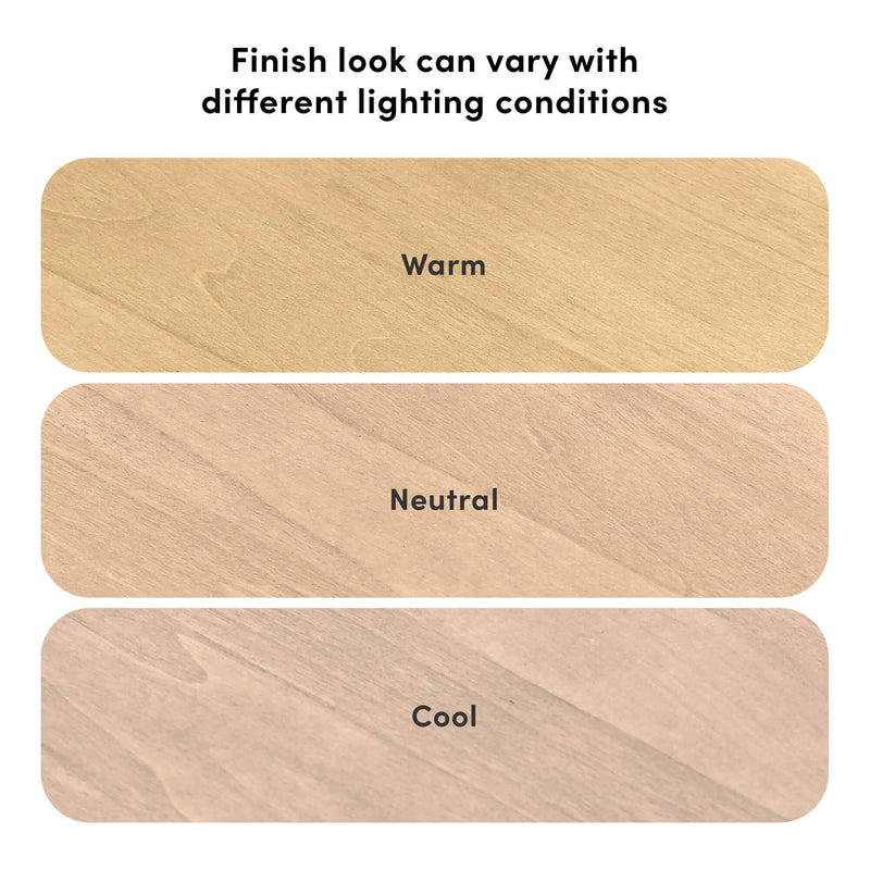 Wood finish samples labeled Warm, Neutral, and Cool illustrating how wood finish appearance varies under different lighting conditions.
