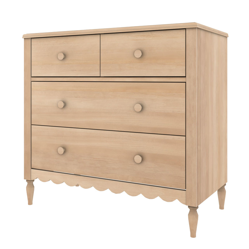 Light natural wood tall chest of drawers for bedroom storage with round wooden knobs, scalloped apron and turned legs, modern farmhouse dresser