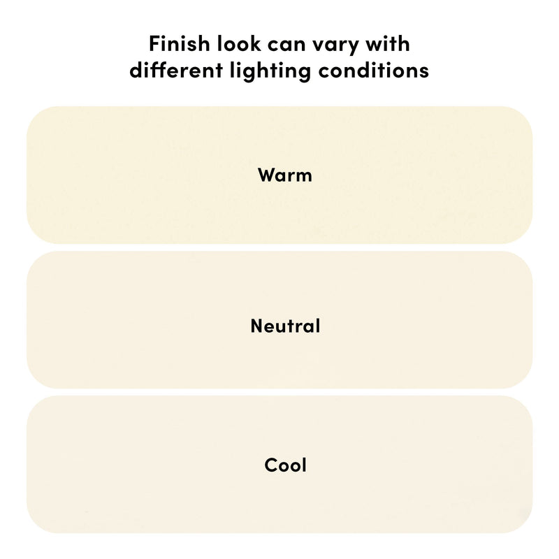 Graphic showing three paint finish samples labeled Warm, Neutral, Cool under the heading "Finish look can vary with different lighting conditions," illustrating how lighting affects paint color appearance