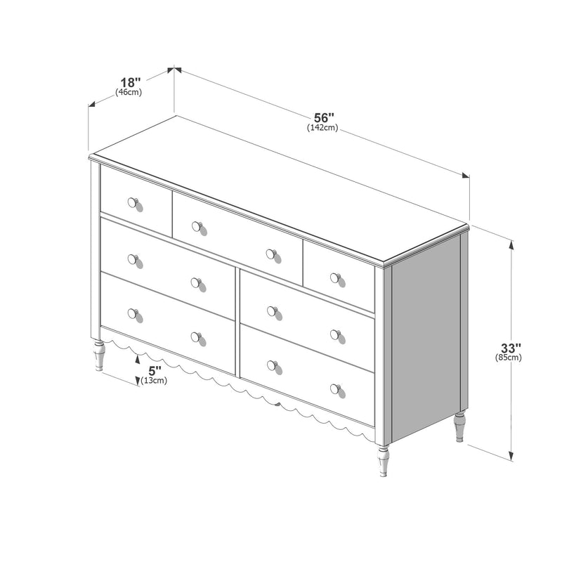 Isometric assembly diagram of a wooden six-drawer bedroom dresser with knob handles, scalloped apron and turned legs showing dimensions 56" (142 cm) wide × 18" (46 cm) deep × 33" (85 cm) height