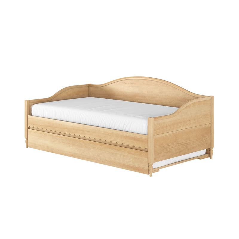 Light oak wooden daybed with curved headboard, white mattress and built-in under-bed storage drawer