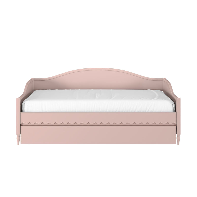 Pink painted wood twin daybed with curved headboard, scalloped trim and white mattress — girls' shabby chic kids bedroom bed frame