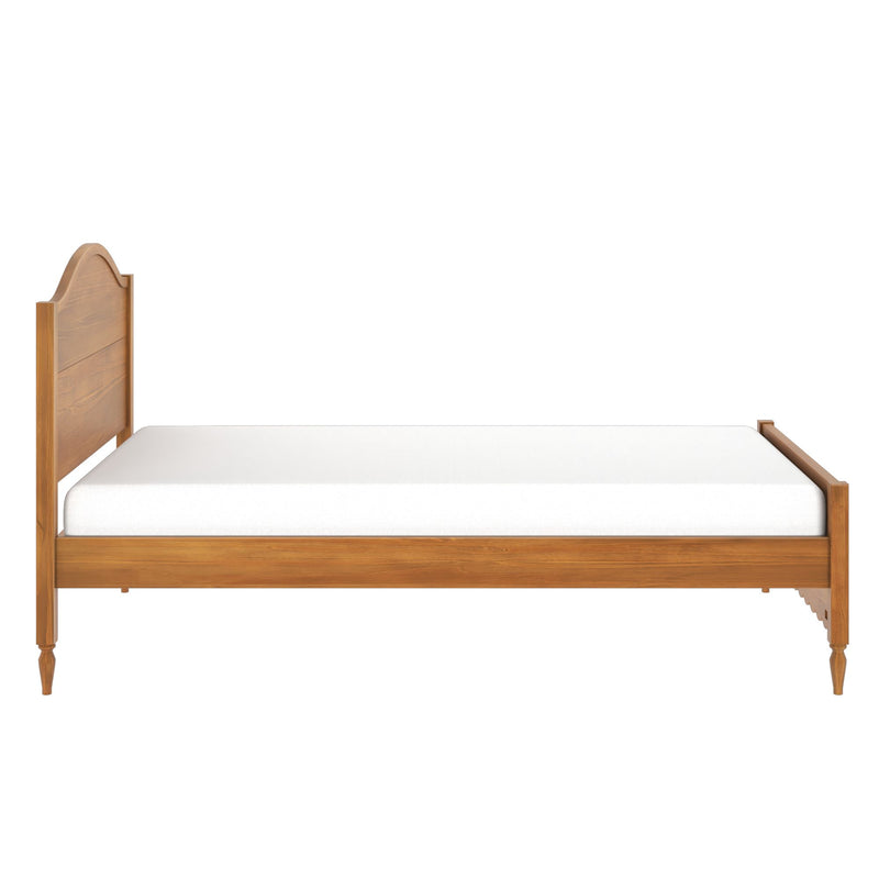 Honey oak solid wood bed frame with arched headboard and turned legs, twin-size platform bed with white mattress — minimalist bedroom furniture