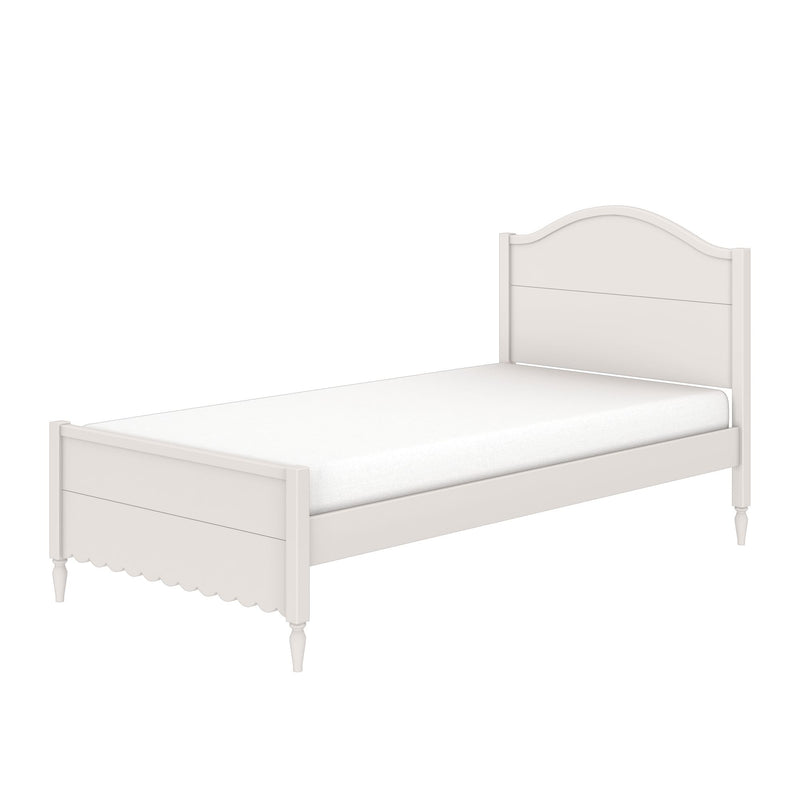 White wooden twin bed frame with arched headboard, scalloped footboard, turned legs and mattress, ideal for kids' bedroom, nursery or guest room