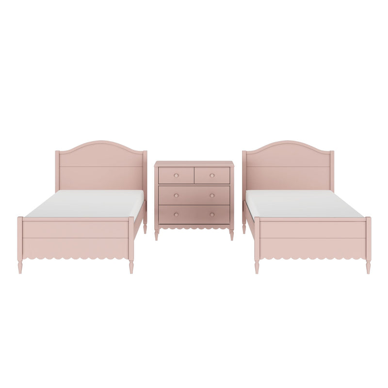 Pastel pink wooden twin beds with matching nightstand, girls' bedroom furniture set in shabby chic style
