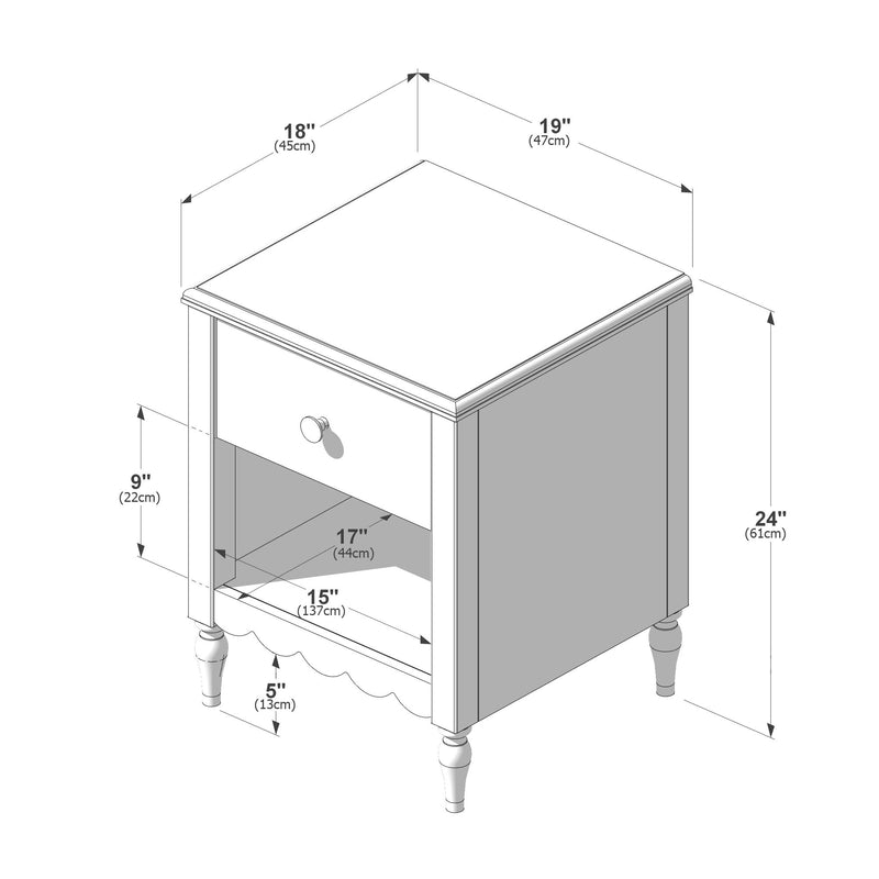 Isometric line drawing of a white wooden bedside table with one drawer, open shelf and turned legs, showing dimensions: top 18" x 19" (45 x 47 cm), height 24" (61 cm)