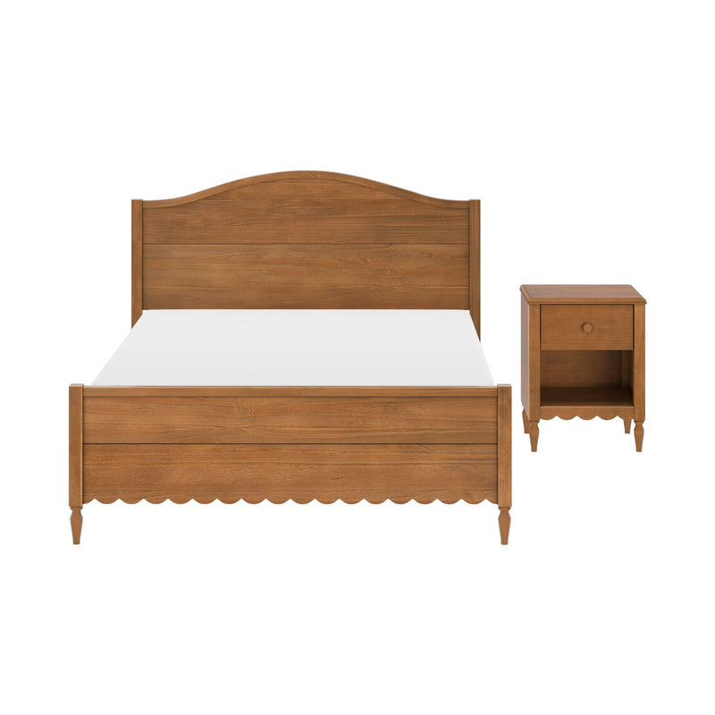 Solid wood bed frame with arched headboard, scalloped footboard and matching nightstand in warm brown finish, classic farmhouse bedroom furniture