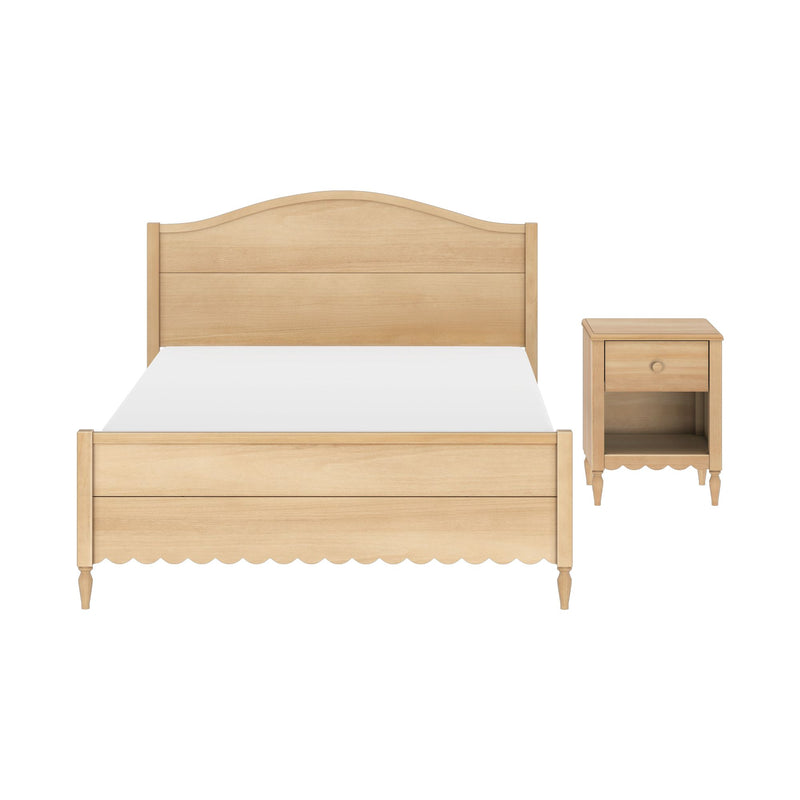 Light natural wood bed frame with arched headboard, scalloped footboard and turned legs beside a matching single-drawer nightstand with open shelf