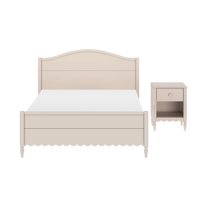 Beige wooden bed frame with arched headboard, scalloped trim and turned legs paired with matching bedside nightstand
