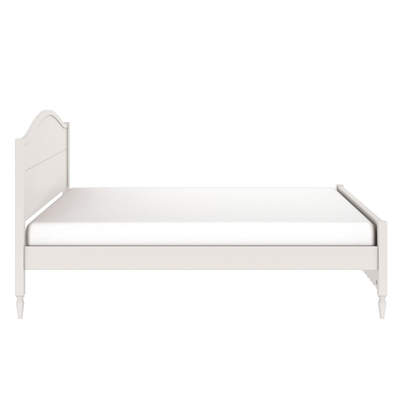 White wooden twin bed frame with curved headboard, turned legs and mattress — farmhouse-style platform bed product shot on white background