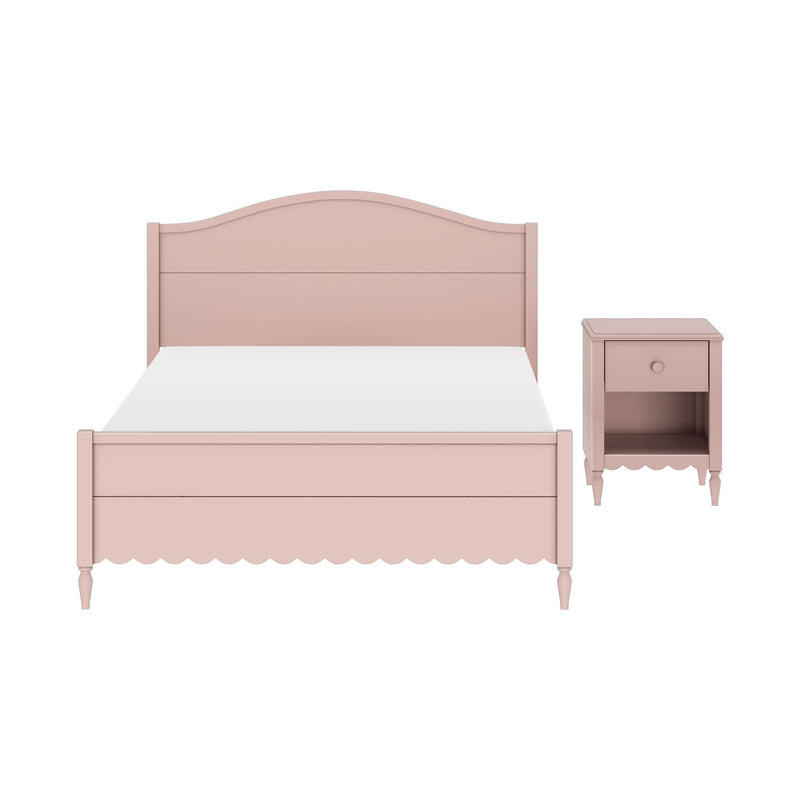 Pink wooden bed frame with curved headboard and matching pink nightstand on white background — cottage-style children's bedroom furniture