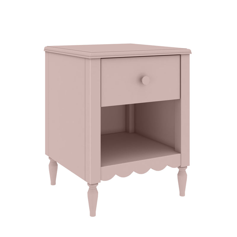 Blush pink wooden bedside table nightstand with single drawer, open cubby shelf and turned legs, vintage-inspired bedroom storage
