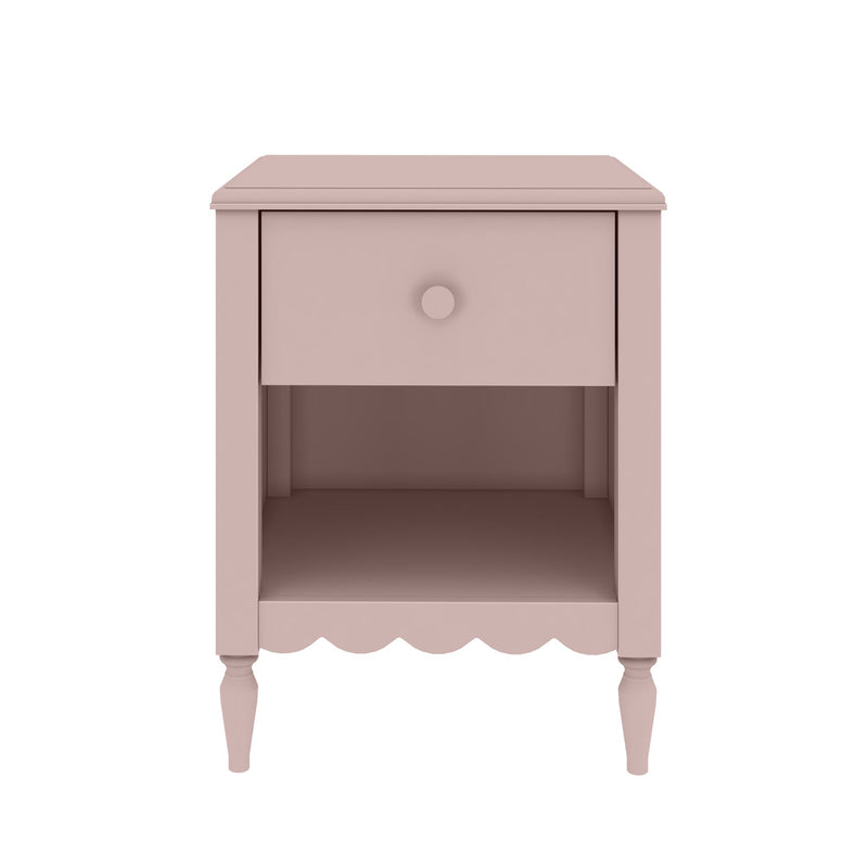 Pink wooden nightstand bedside table with single drawer, open shelf, scalloped apron and turned legs — shabby chic accent furniture
