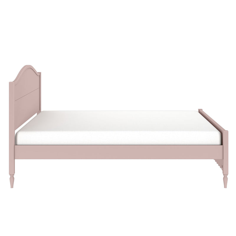 Pink wooden twin bed frame with scalloped headboard and white mattress, kids' bedroom furniture