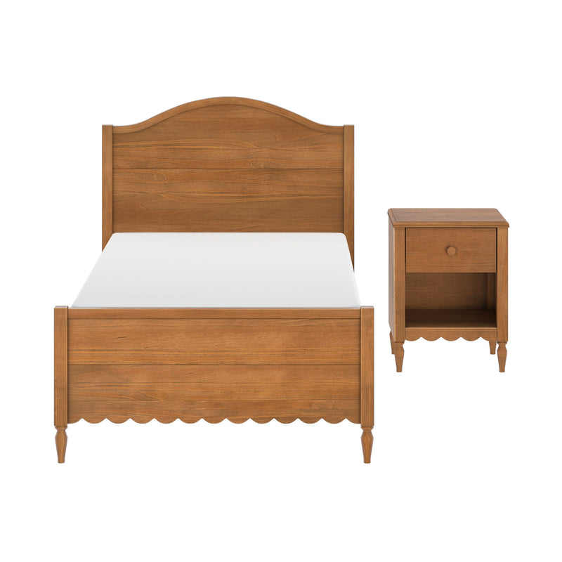 Wooden twin bed frame with arched headboard, scalloped footboard and matching bedside table in warm oak finish — traditional farmhouse bedroom furniture