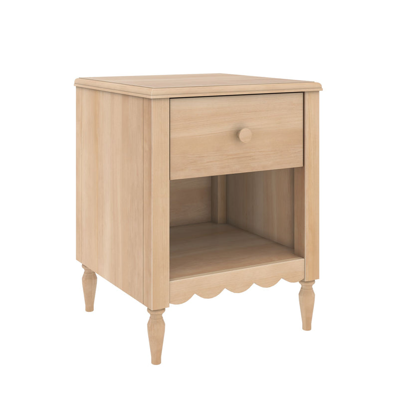 Light wood nightstand with single drawer and open shelf, turned legs and scalloped apron