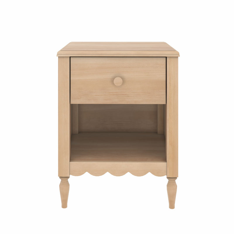 Light wood bedside table nightstand with single drawer and open shelf, turned legs and scalloped apron in natural finish