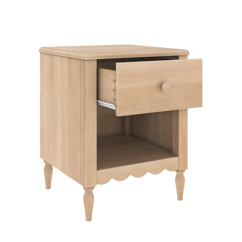 Light oak bedside table nightstand with open drawer, lower shelf and turned legs, classic bedroom storage