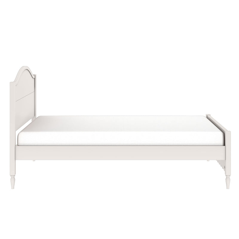 White wooden bed frame with arched carved headboard, turned legs and mattress — classic bedroom furniture