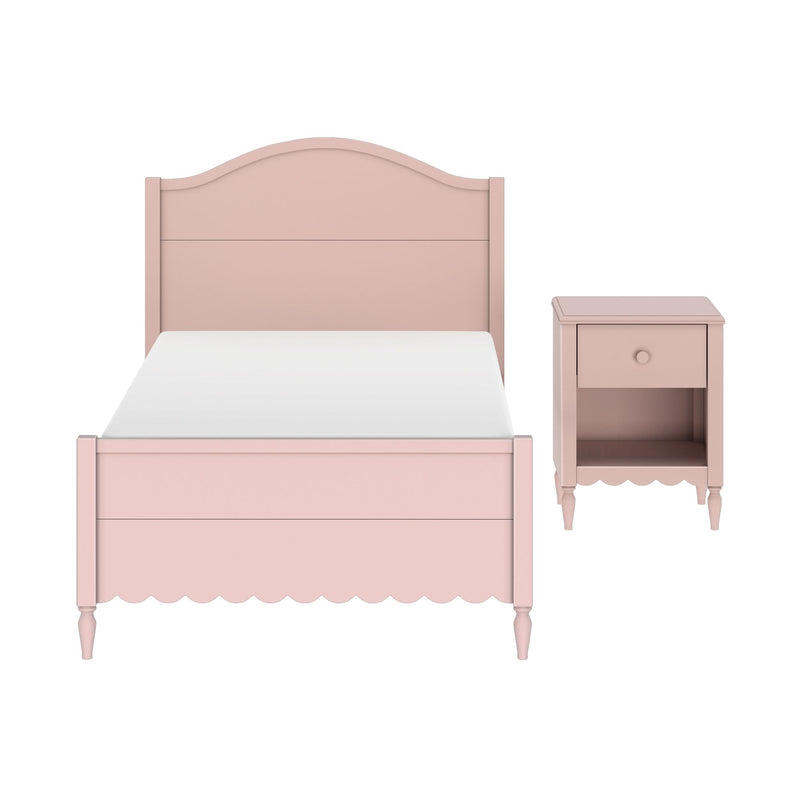 Pastel pink wooden twin bed with arched headboard, scalloped footboard and matching pink nightstand — children's bedroom furniture