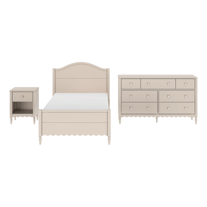 Beige painted wood bedroom furniture set: twin bed with arched headboard, matching nightstand and six-drawer dresser.