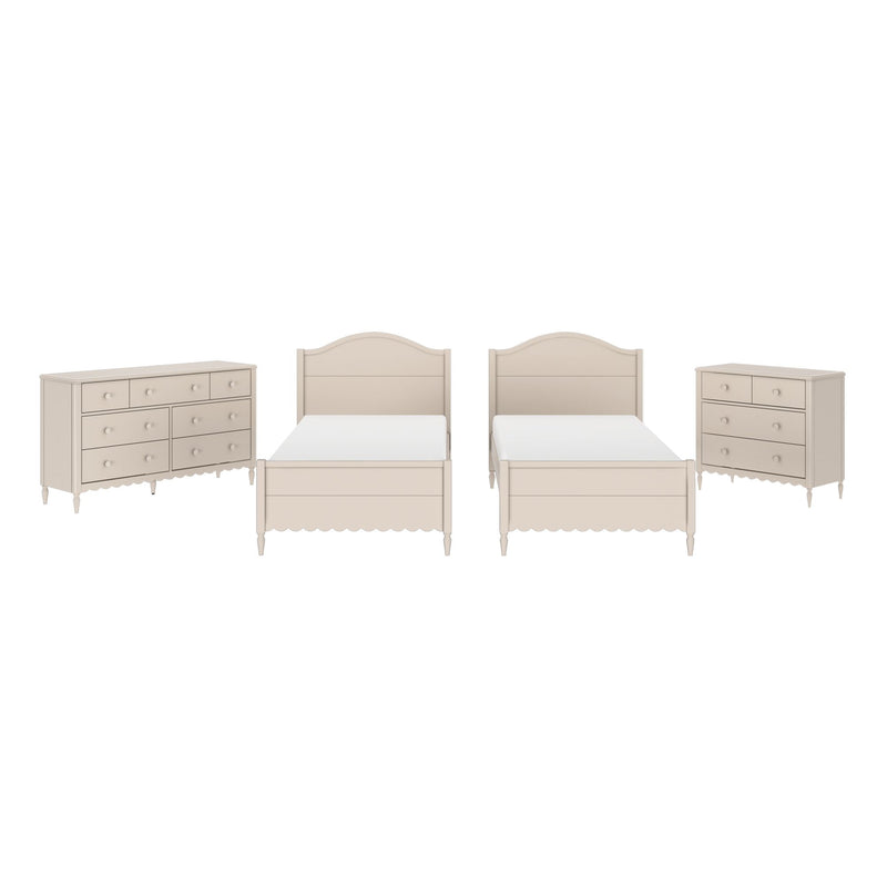Cream wooden twin bed and dresser set, beige farmhouse bedroom furniture with two matching twin beds and two dressers