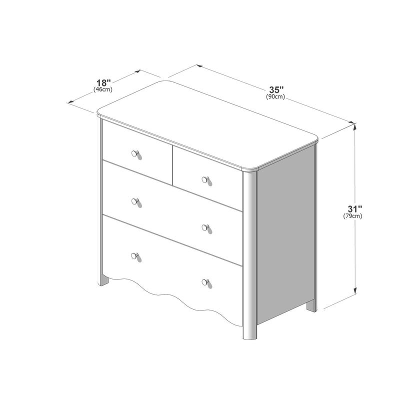 Isometric diagram of a dresser (chest of drawers) with rounded corners and knob pulls, two small top drawers and two larger lower drawers, dimensions 35" W × 18" D × 31" H (90 × 46 × 79 cm)