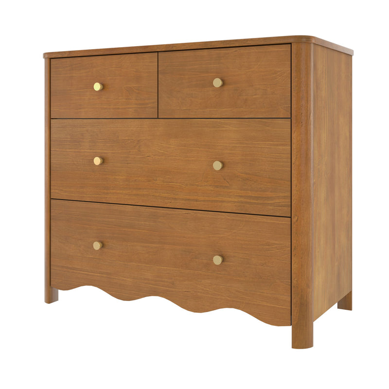 Mid-century modern 4-drawer wooden dresser chest of drawers in honey oak finish with round brass knobs and scalloped apron, bedroom storage furniture