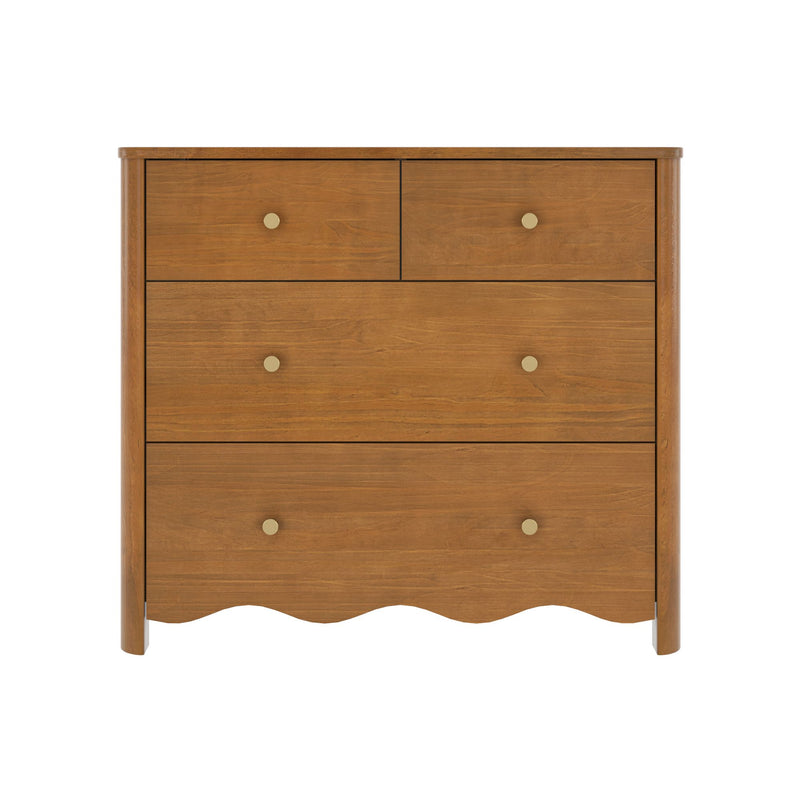 Honey wood dresser chest with four drawers (two small top drawers and two larger lower drawers), round brass knobs and scalloped apron on white background