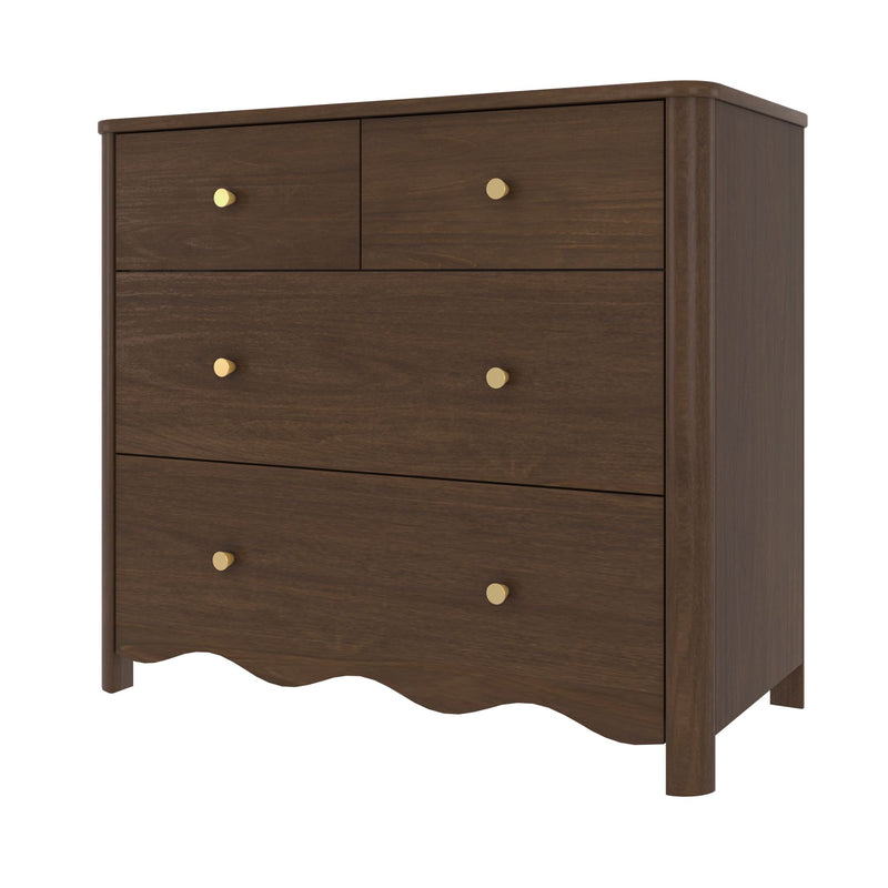 Dark walnut dresser chest of drawers with round brass knobs, tall bedroom storage cabinet in mid-century modern style