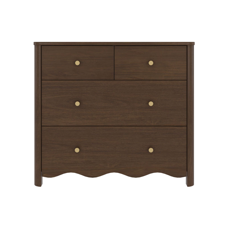 Dark walnut wooden chest of drawers with round brass knobs, scalloped apron detail and multiple drawers for bedroom storage
