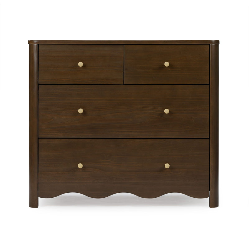 Dark brown wooden 5-drawer dresser chest with round brass knobs and scalloped bottom apron, bedroom storage furniture