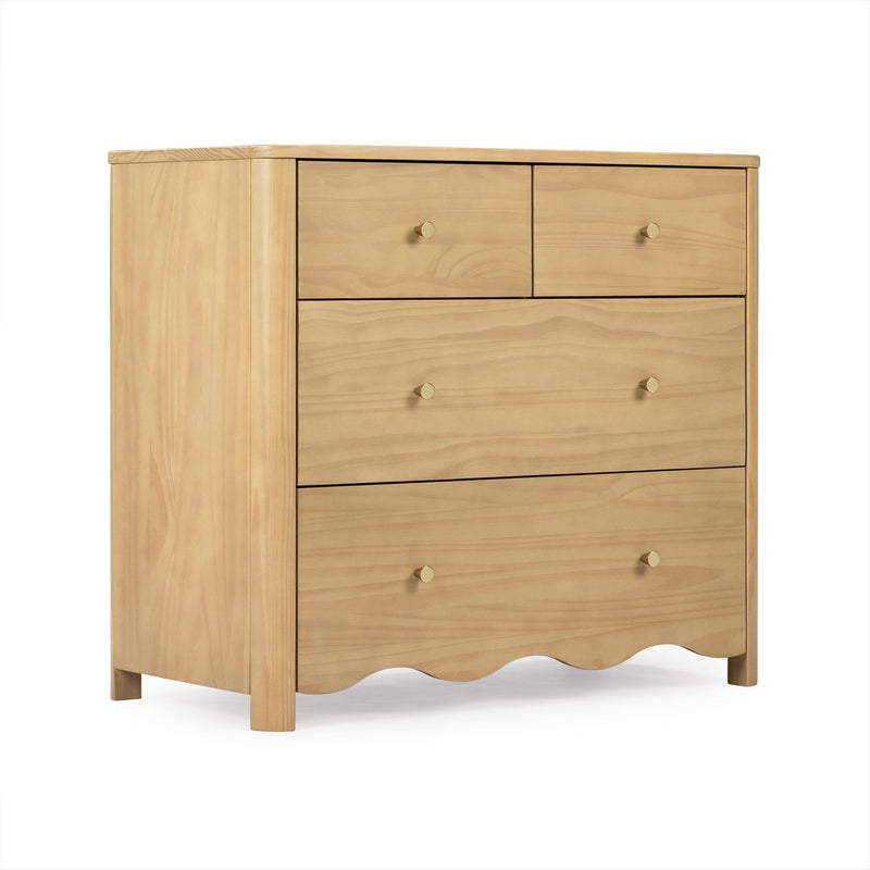 Light natural wood tall dresser with two small top drawers and two larger lower drawers, round brass knobs and scalloped base — bedroom chest of drawers for storage